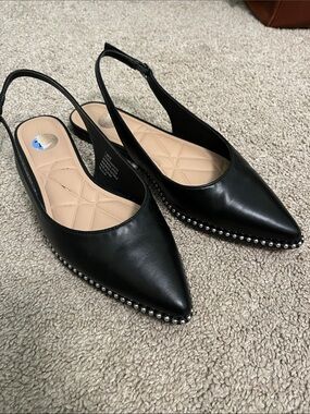 BCBGeneration Black Pointed Slingback Flats with Silver Stud Trim